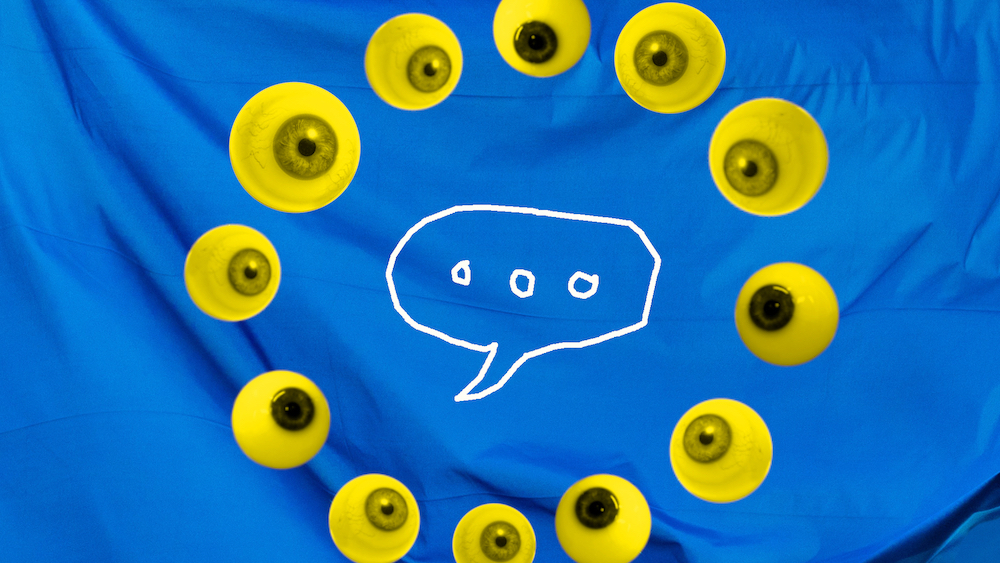 A blue EU-like flag, with a hand-drawn chat icon at the centre. Instead of a circle of stars, it has a circle of yellow-ish eyes gazing at the chat.
