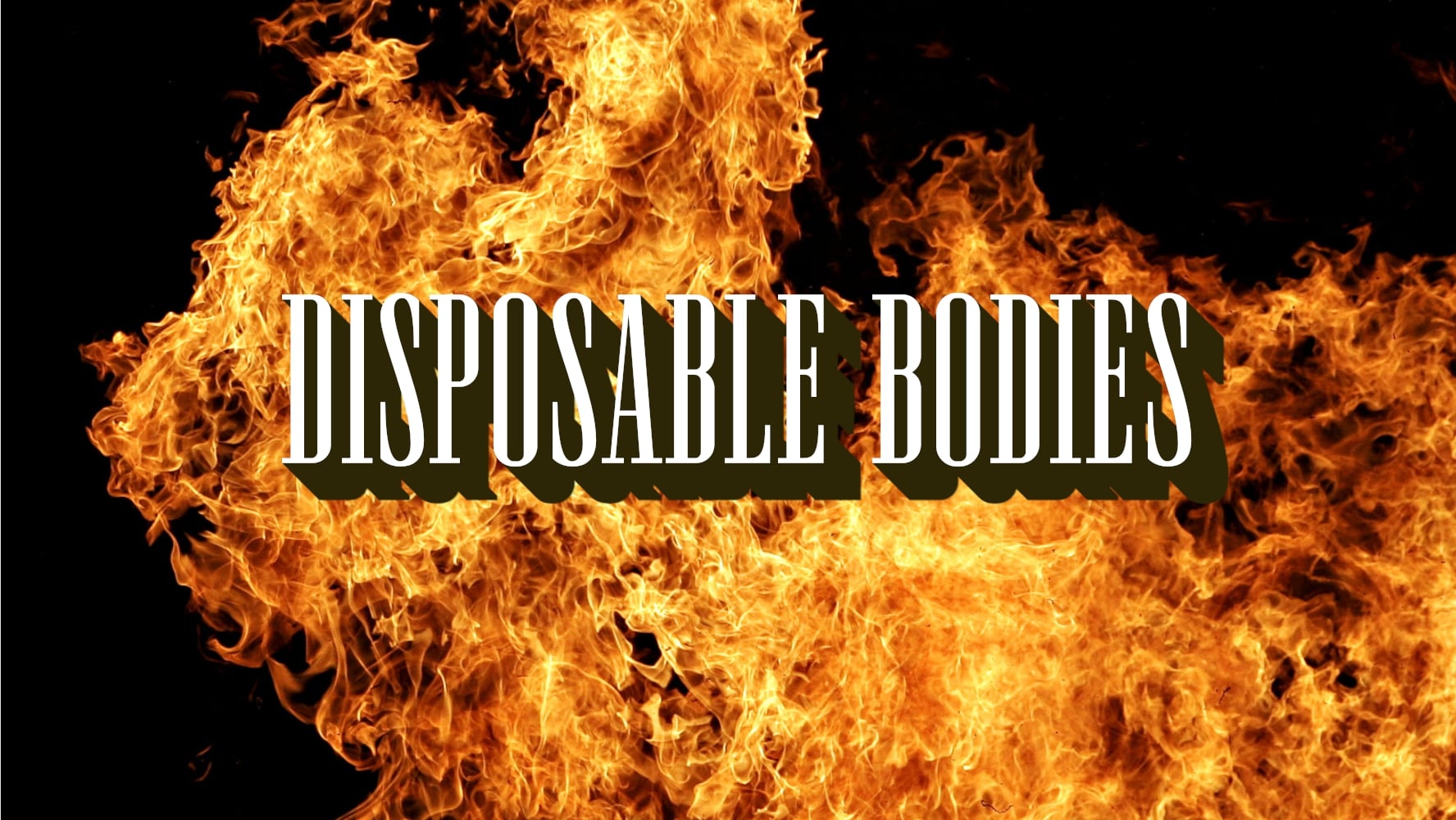 Flames against a black backdrop, with overlaid the words 'Disposable Bodies' in narrow serif capital letters with a drop shadow